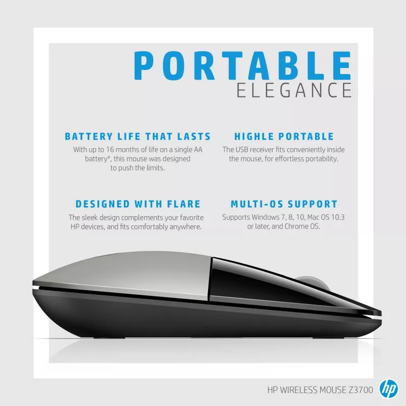 HP Z3700 mouse wireless blu, ambidestro, ottico, RF wireless, 1200 DPI, blu