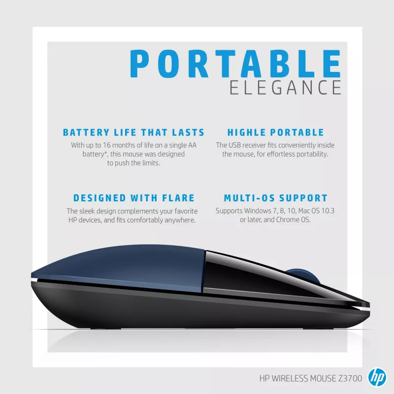 HP Z3700 mouse wireless blu, ambidestro, ottico, RF wireless, 1200 DPI, blu