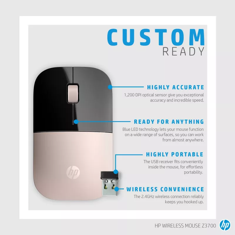 HP Z3700 mouse wireless blu, ambidestro, ottico, RF wireless, 1200 DPI, blu