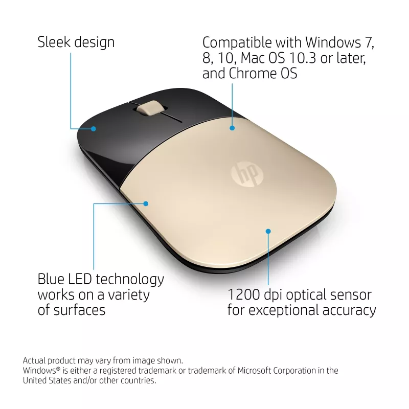 HP Z3700 Oro mouse wireless, ambidestro, ottico, RF Wireless, 1200 DPI, oro