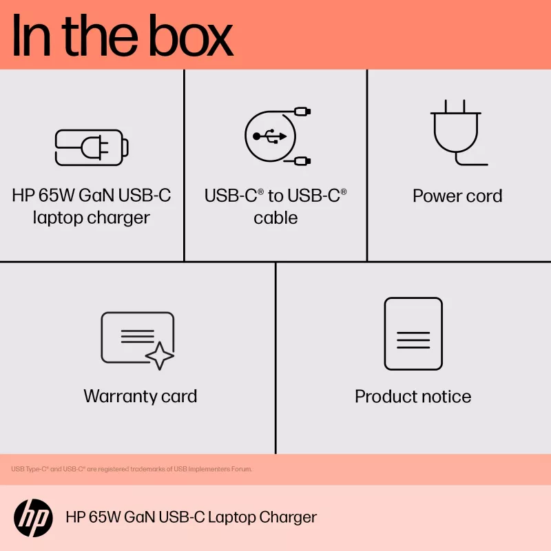 HP 600Q7AA caricabatterie GaN USB-C da 65 W per laptop, 2 × USB-C, 20 V, nero