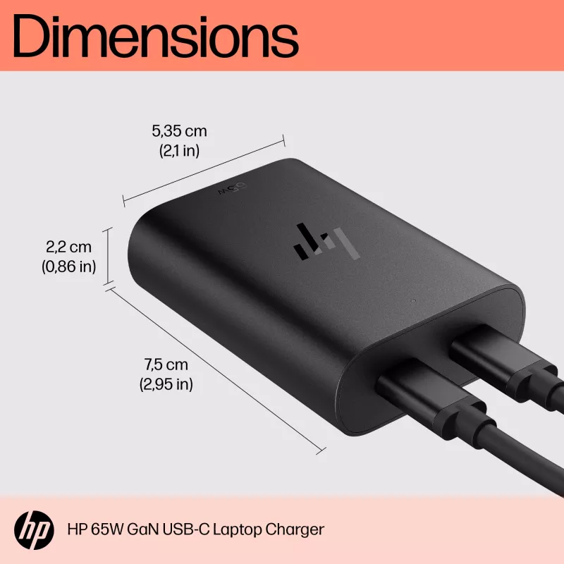 HP 600Q7AA caricabatterie GaN USB-C da 65 W per laptop, 2 × USB-C, 20 V, nero