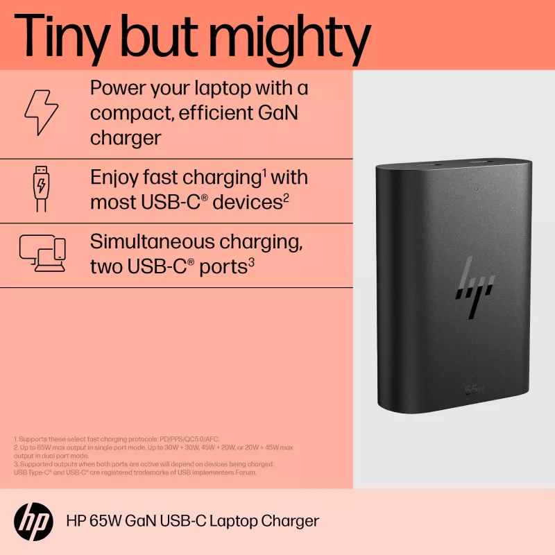 HP 600Q7AA caricabatterie GaN USB-C da 65 W per laptop, 2 × USB-C, 20 V, nero