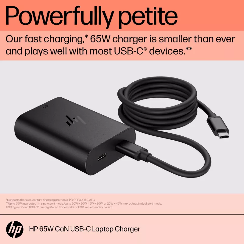 HP 600Q7AA caricabatterie GaN USB-C da 65 W per laptop, 2 × USB-C, 20 V, nero