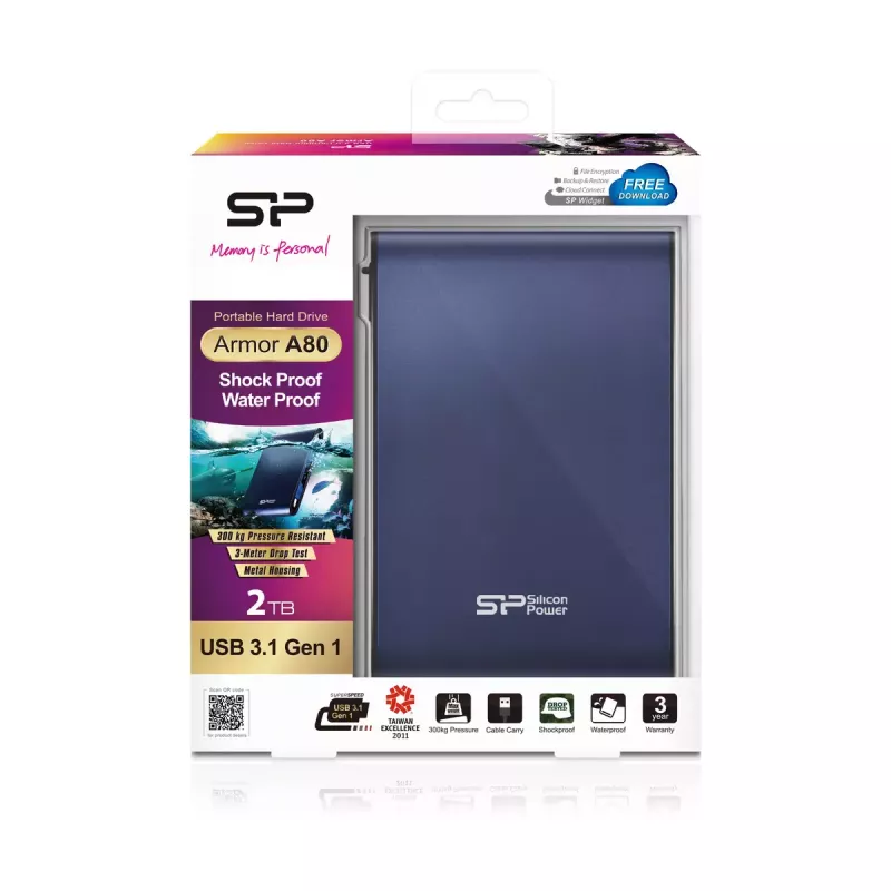 Silicon Power Armor A80 disco rigido esterno, 2 TB, 2,5 pollici, USB 3.1 Gen 1, blu