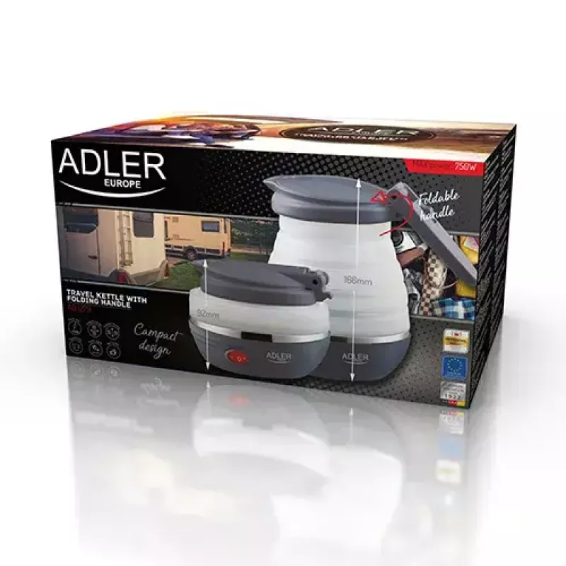 Bollitore Adler AD 1279 — 0,6 L, 750 W, corpo in plastica, controllo a pulsanti, spia luminosa