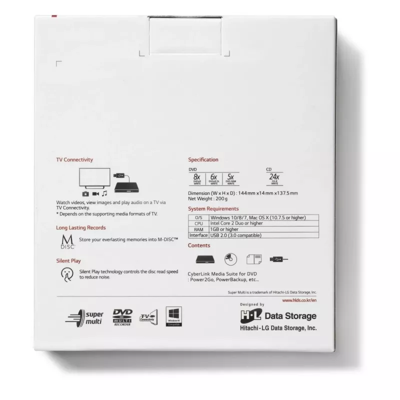 HITACHI-LG DATA STORAGE Unità DVD portatile sottile - Gp60nw60 - USB 2.0 - Bianco
