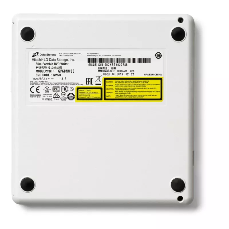 HITACHI-LG DATA STORAGE Unità DVD portatile sottile - Gp60nw60 - USB 2.0 - Bianco