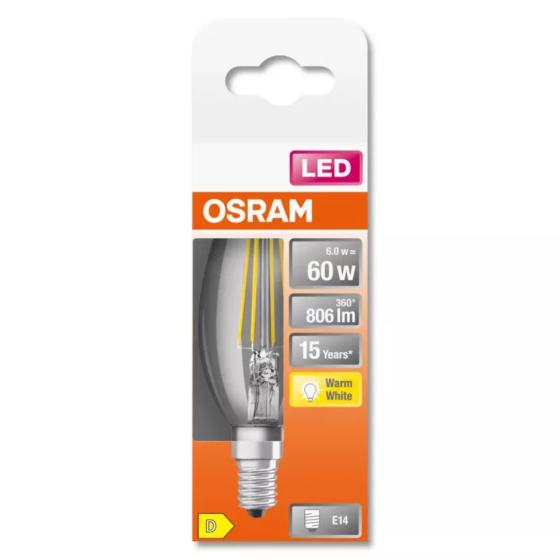 Lampadina Osram Parathom Classic LED Filament 60, 6 W, E14, bianco caldo (2700 K), non dimmerabile