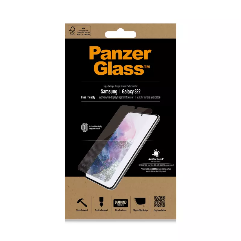 PanzerGlass UltraForce1 7293 proteggischermo per Samsung Galaxy S22, vetro temperato, compatibile con custodia, trasparente