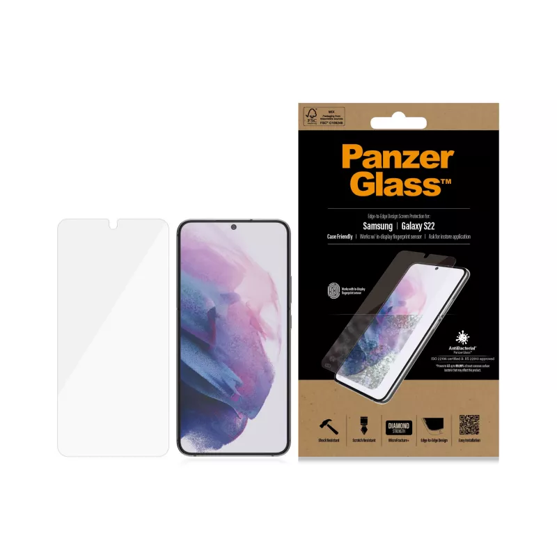 PanzerGlass UltraForce1 7293 proteggischermo per Samsung Galaxy S22, vetro temperato, compatibile con custodia, trasparente