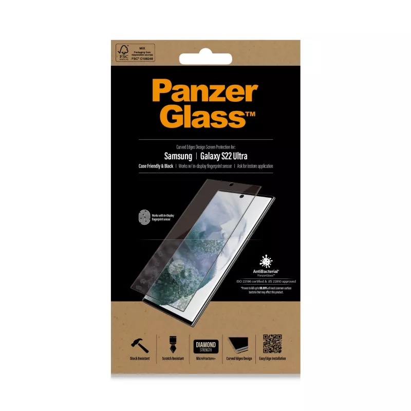 PanzerGlass 7295 proteggischermo per Samsung Galaxy S22 Ultra, vetro temperato, compatibile con custodia, nero