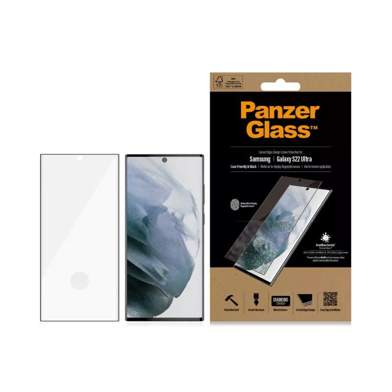PanzerGlass 7295 proteggischermo per Samsung Galaxy S22 Ultra, vetro temperato, compatibile con custodia, nero