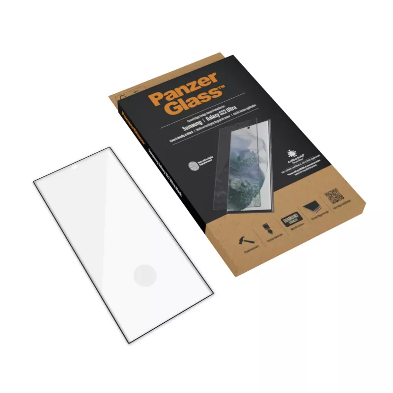 PanzerGlass 7295 proteggischermo per Samsung Galaxy S22 Ultra, vetro temperato, compatibile con custodia, nero