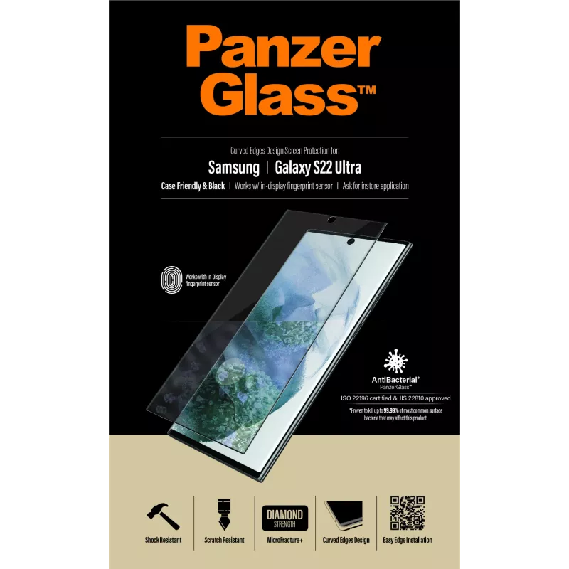 PanzerGlass 7295 proteggischermo per Samsung Galaxy S22 Ultra, vetro temperato, compatibile con custodia, nero
