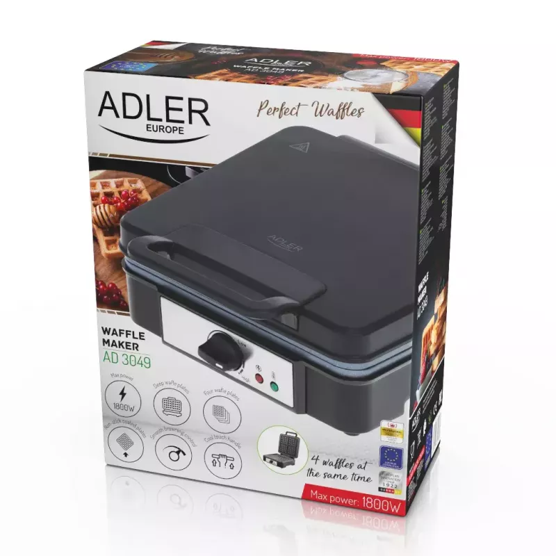 Macchina per waffle Adler AD 3049, 4 waffle quadrati, antiaderente, 1800 W, nero