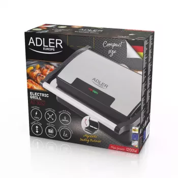 Grill da contatto Adler AD 3052 rettangolare acciaio/nero, 1200 W, superficie a griglia, coperchio bloccabile