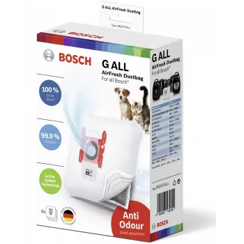 Sacchetti per aspirapolvere a cilindro Bosch BBZAFGALL — confezione da 4, bianchi, 240×75×165 mm, 100 g per pz.