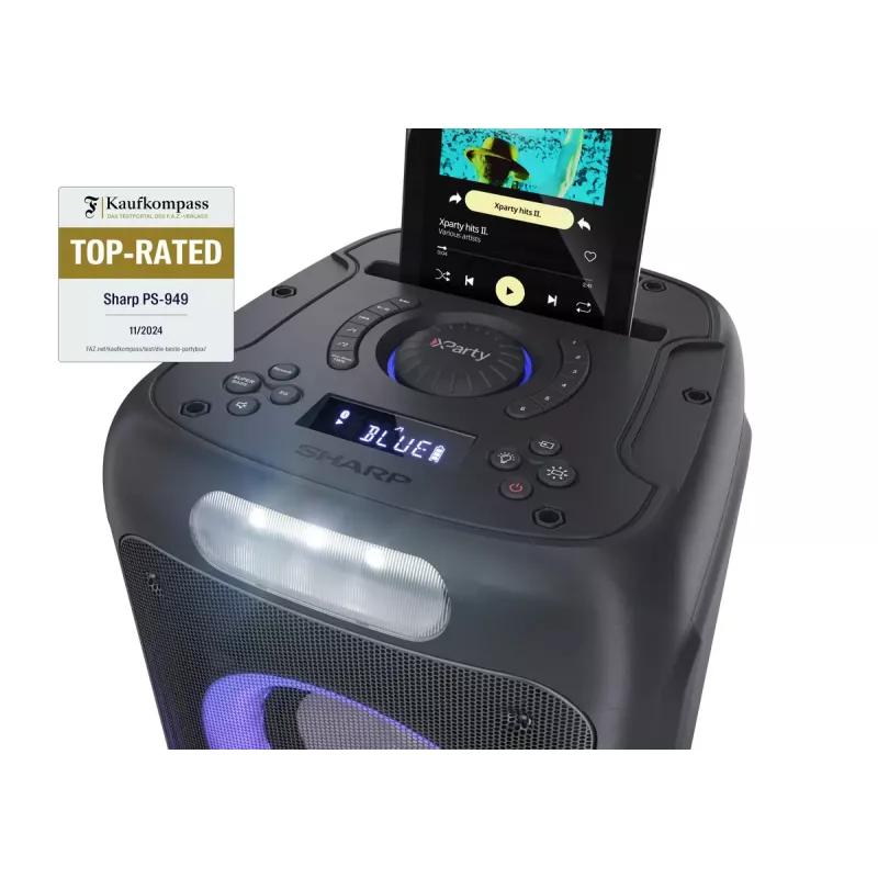 Sharp PS-949 XParty Street Beat speaker per feste, 132 W, Bluetooth 5.0, batteria integrata, 12 h di riproduzione, IPX4, USB/AUX, gioco di luci LED, nero