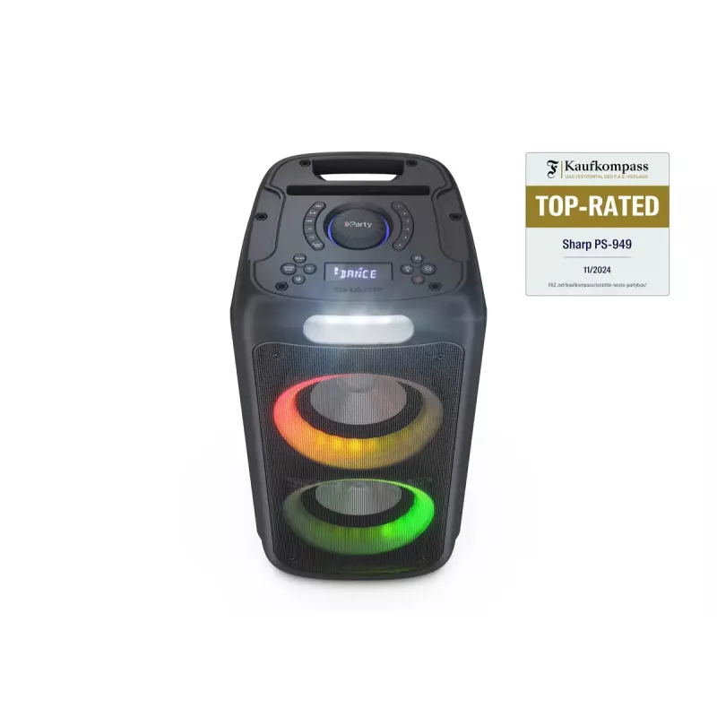 Sharp PS-949 XParty Street Beat speaker per feste, 132 W, Bluetooth 5.0, batteria integrata, 12 h di riproduzione, IPX4, USB/AUX, gioco di luci LED, nero