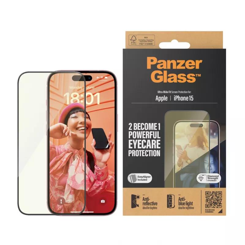 PanzerGlass® EyeCARE™ protezione display iPhone 15 | Ultra-Wide Fit con EasyAligner