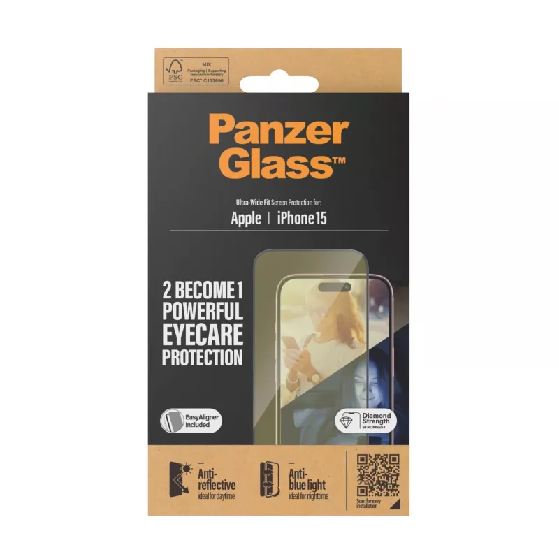 PanzerGlass® EyeCARE™ protezione display iPhone 15 | Ultra-Wide Fit con EasyAligner
