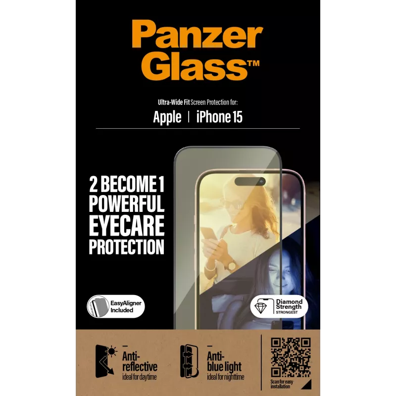 PanzerGlass® EyeCARE™ protezione display iPhone 15 | Ultra-Wide Fit con EasyAligner