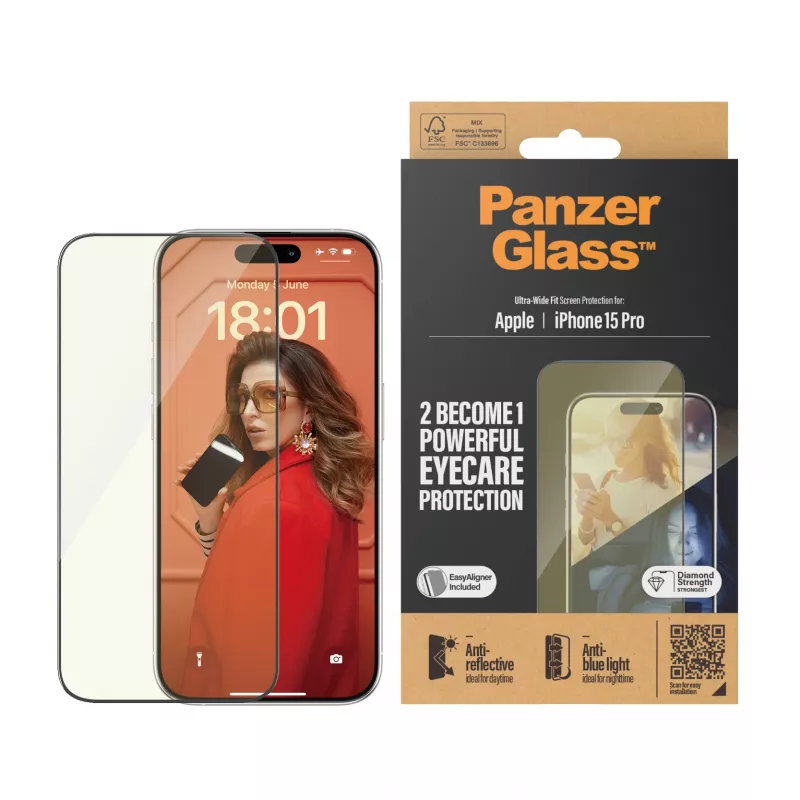 PanzerGlass ® EyeCARE™ protezione display iPhone 15 Pro | Ultra-Wide Fit con EasyAligner