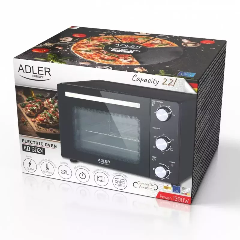 Forno da tavolo elettrico Adler AD 6024 — compatto, capacità 22 l, 1300 W, nero