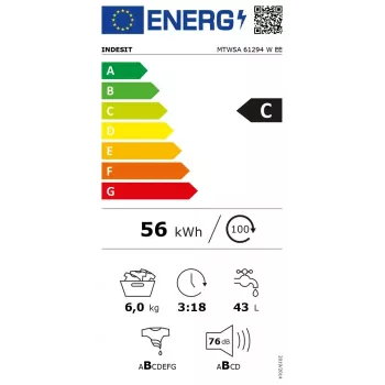Lavatrice a carica frontale INDESIT MTWSA 61294 W EE, 6 kg, motore inverter, classe di efficienza energetica C