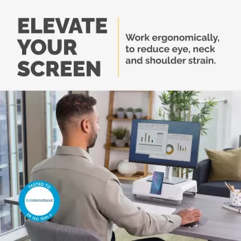 Supporto per monitor Fellowes con 3 regolazioni in altezza - Breyta rialzo per monitor con gestione cavi - supporto ergonomico regolabile per monitor da computer - portata max 15 kg - bianco
