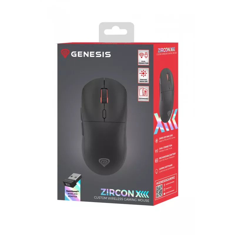 GENESIS Zircon XIII mouse gaming ambidestro RF Wireless + USB Type-C ottico 26000 DPI