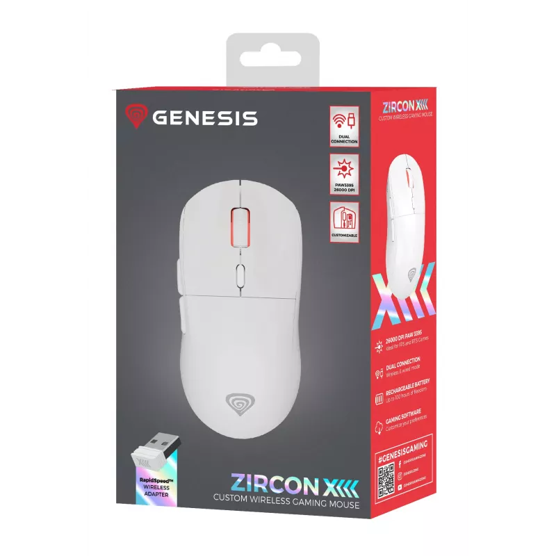 GENESIS Zircon XIII mouse gaming ambidestro RF Wireless + USB Type-C ottico 26000 DPI