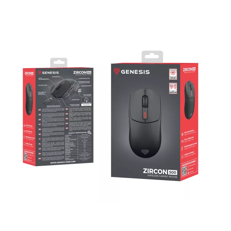 GENESIS Zircon 500 mouse gaming per destrorsi RF Wireless + Bluetooth + USB Type-C ottico 10000 DPI