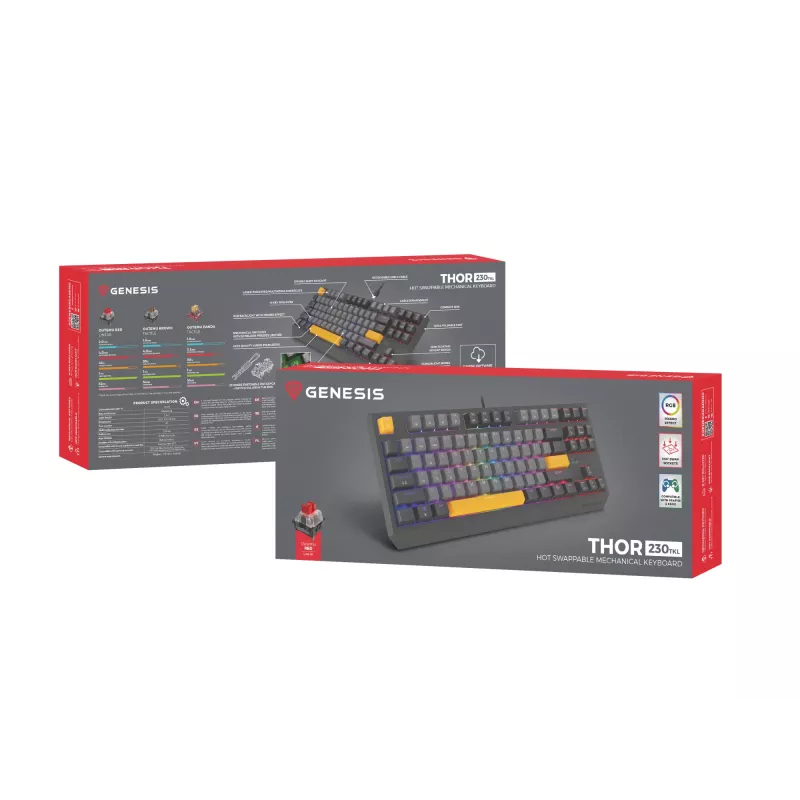 Genesis Thor 230 TKL tastiera gaming meccanica cablata, US, Anchor Gray Negative, Outemu Red