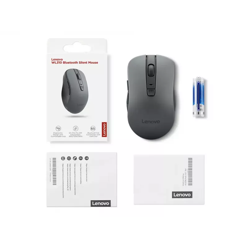 Mouse wireless ambidestro Lenovo WL310 Office – Bluetooth, ottico 1200 DPI, 6 tasti, rotella, grigio, a batteria