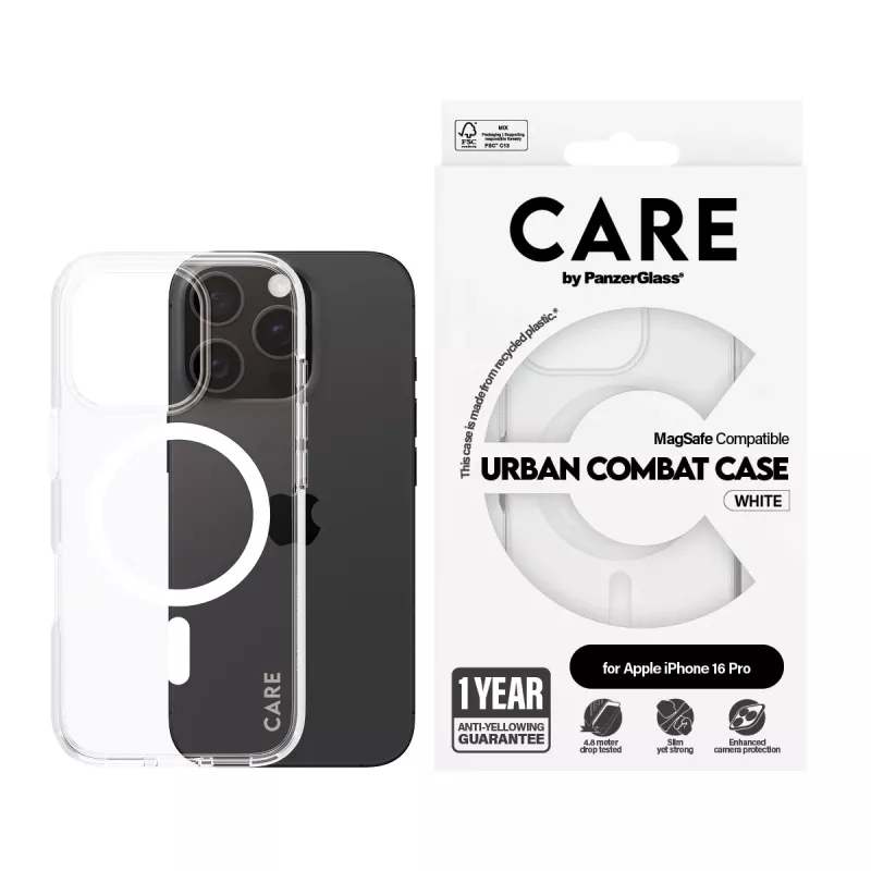 PanzerGlass CARE™ by ® Urban Combat custodia trasparente con MagSafe bianco iPhone 16 Pro