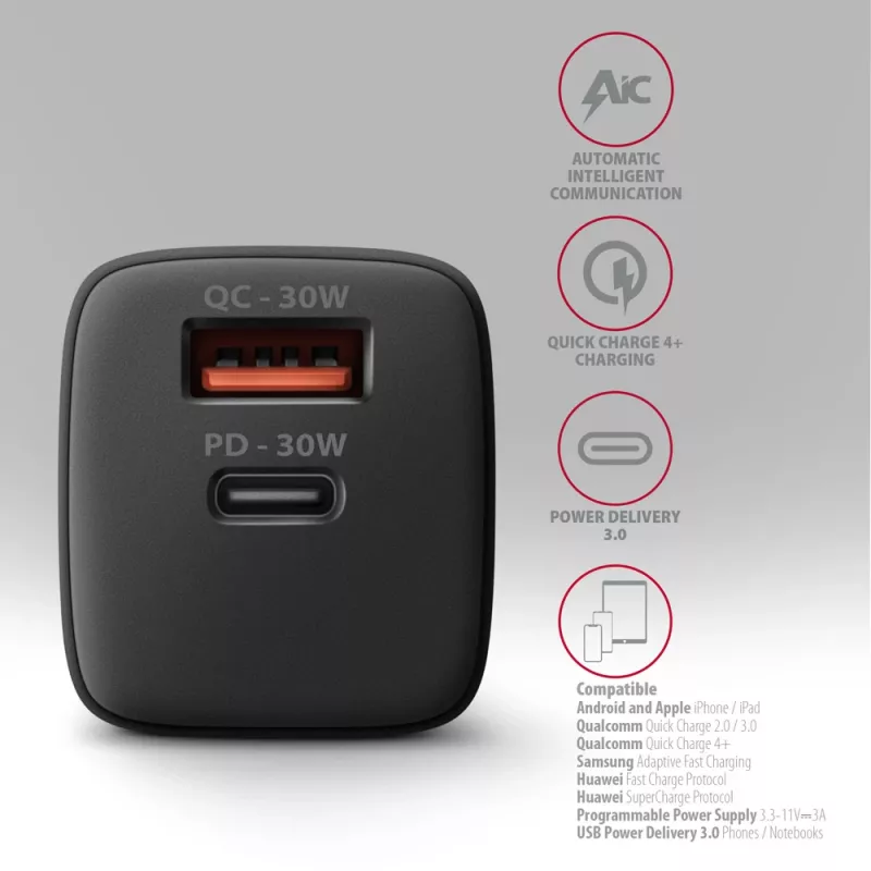 Axagon ACU-PQ30 PD3.0 & QC4+ 2 uscite caricabatterie da parete 30W