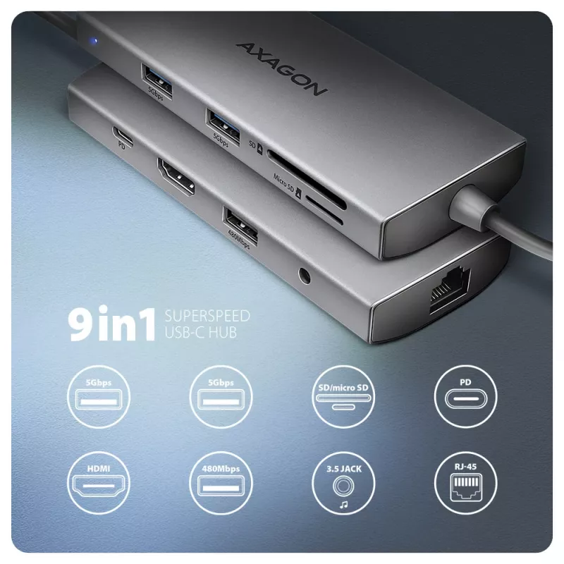 Axagon HMC-8HLSA, hub USB 5Gbps, 3x USB-A, HDMI 4K/60Hz, RJ-45, SD/microSD, audio, PD 100W