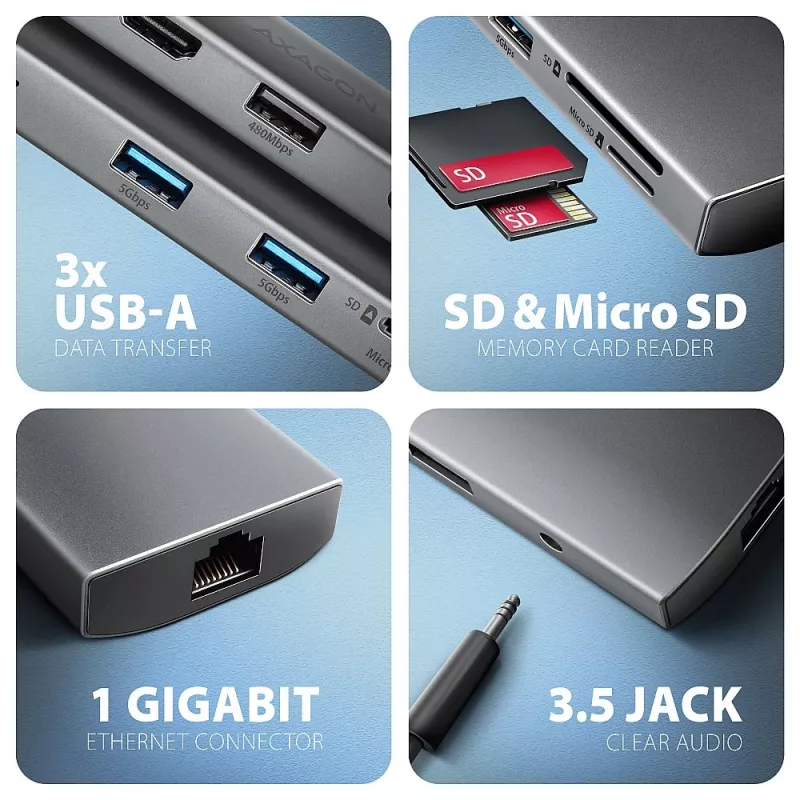 Axagon HMC-8HLSA, hub USB 5Gbps, 3x USB-A, HDMI 4K/60Hz, RJ-45, SD/microSD, audio, PD 100W