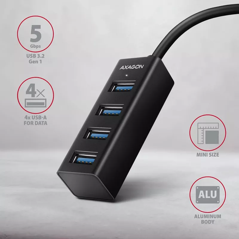 Axagon HUE-M1A hub mini 4x USB 3.2 Gen 1, metallo, cavo USB-A 20 cm