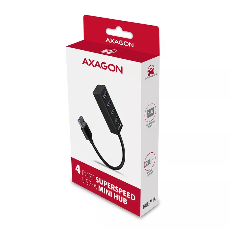 Axagon HUE-M1A hub mini 4x USB 3.2 Gen 1, metallo, cavo USB-A 20 cm