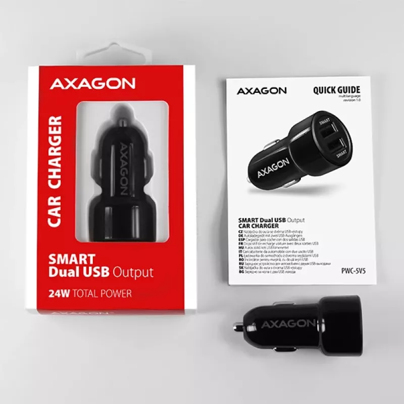 Axagon PWC-5V5 SMART caricabatterie auto 24W, 2x porta USB-A, 5V/2,4A + 5V/2,4A