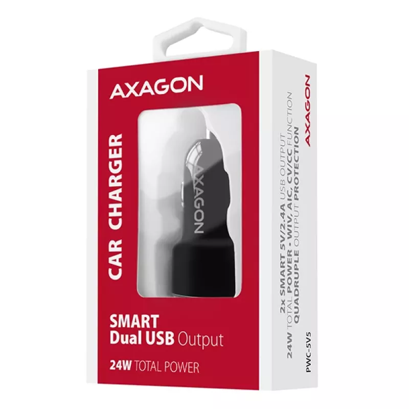 Axagon PWC-5V5 SMART caricabatterie auto 24W, 2x porta USB-A, 5V/2,4A + 5V/2,4A