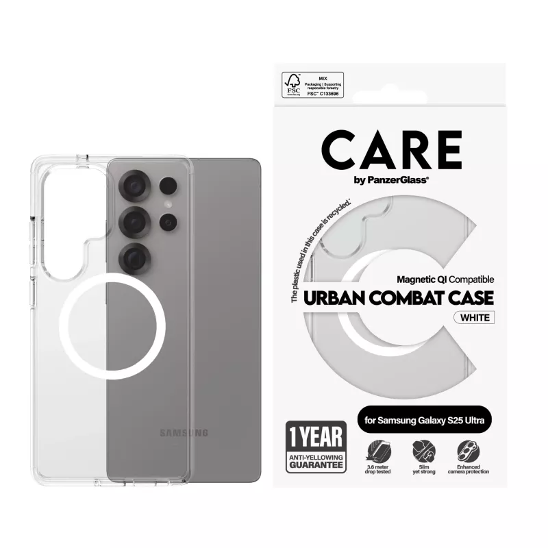 PanzerGlass CARE™ by ® Urban Combat Case trasparente con bianco compatibile Qi Samsung Galaxy S25 Ultra