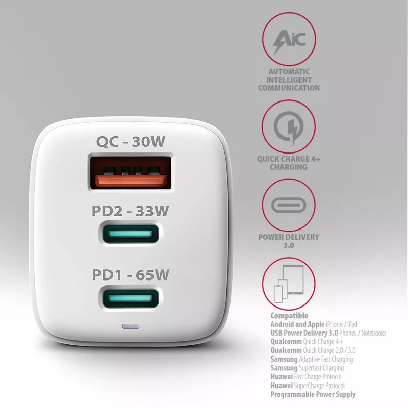 Axagon ACU-DPQ65W PD3.0 & QC4+ caricabatterie da parete 3 uscite 65W
