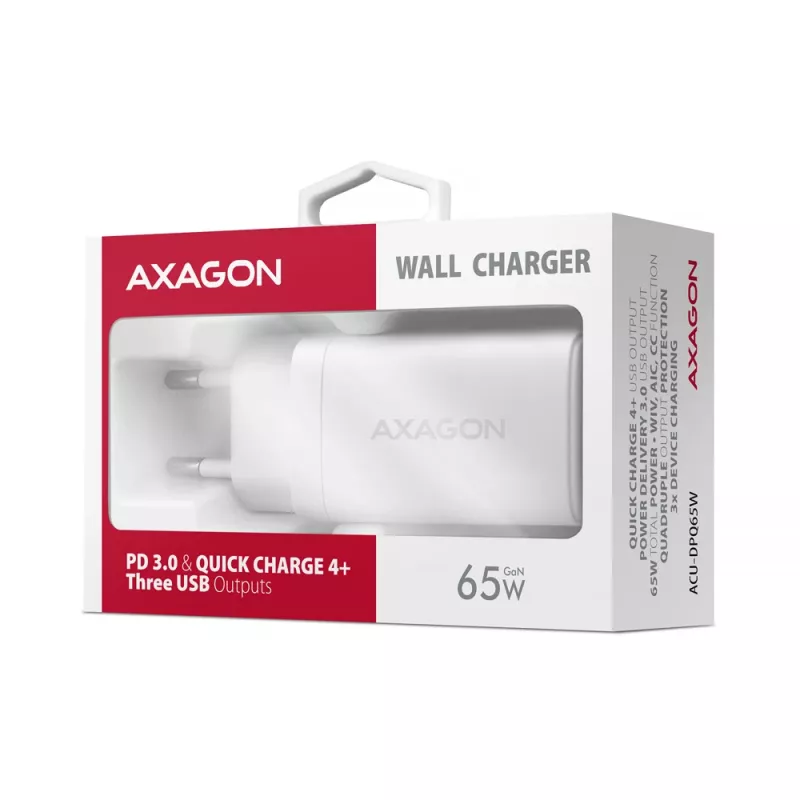 Axagon ACU-DPQ65W PD3.0 & QC4+ caricabatterie da parete 3 uscite 65W