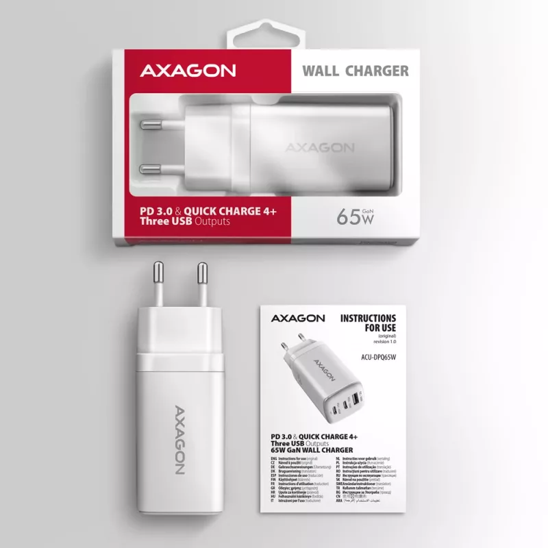Axagon ACU-DPQ65W PD3.0 & QC4+ caricabatterie da parete 3 uscite 65W