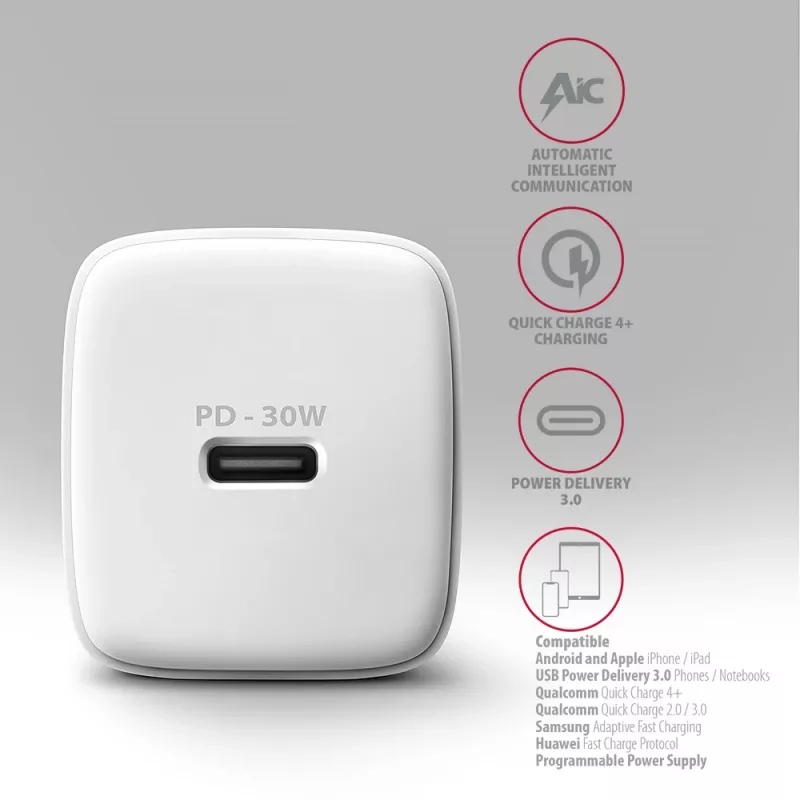 Caricabatterie da parete Axagon ACU-PD30W 1x QC3.0/AFC/FCP/PD Type-C 30W bianco