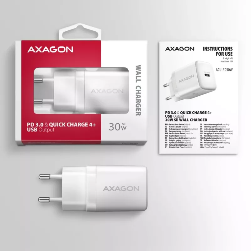 Caricabatterie da parete Axagon ACU-PD30W 1x QC3.0/AFC/FCP/PD Type-C 30W bianco